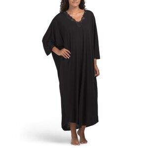 NATORI Black Zen Floral Caftan With Lace Trim